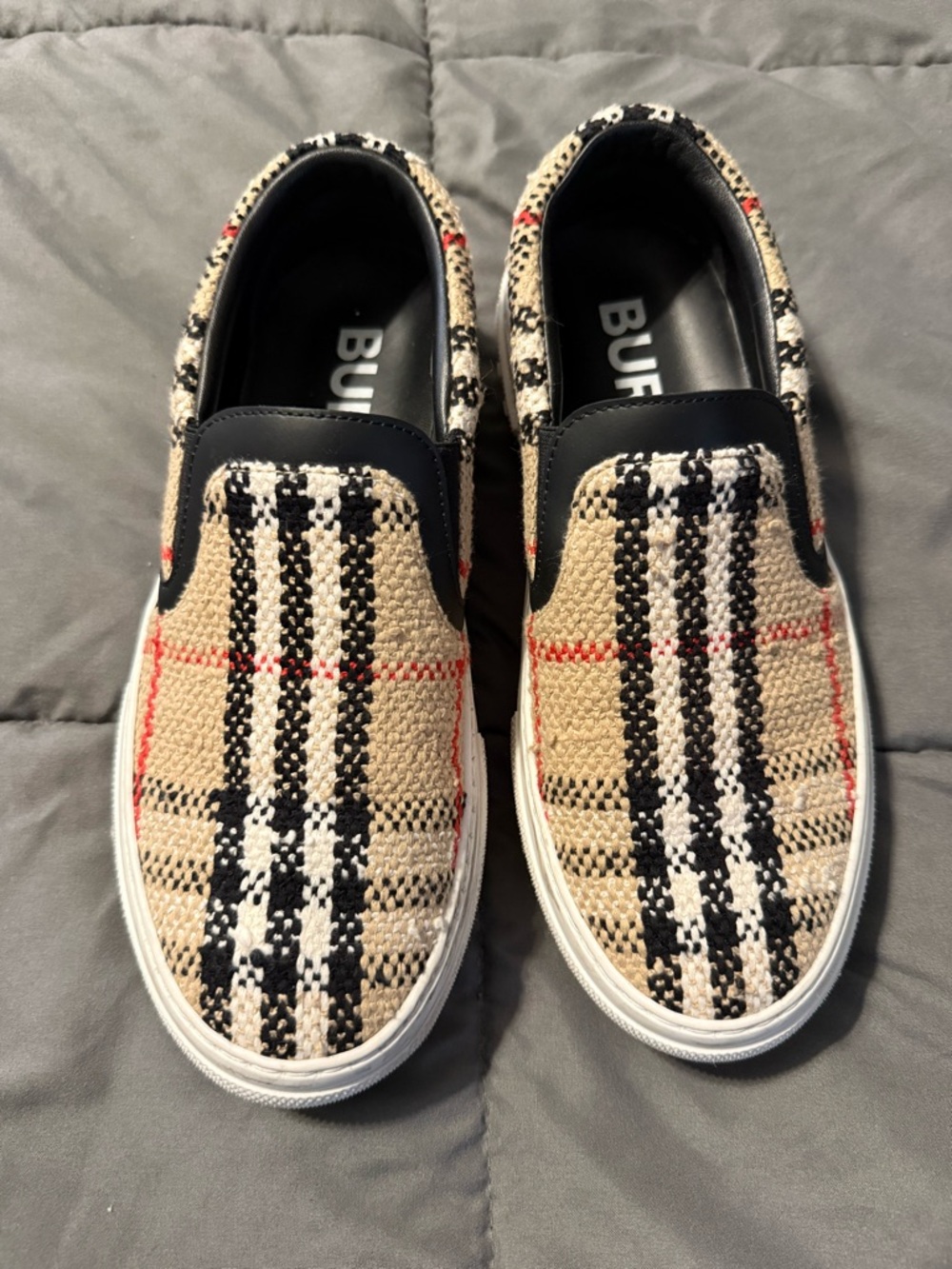 Authentic Burberry Beige Plaid Slip-On Loafers with Black & Red Accents